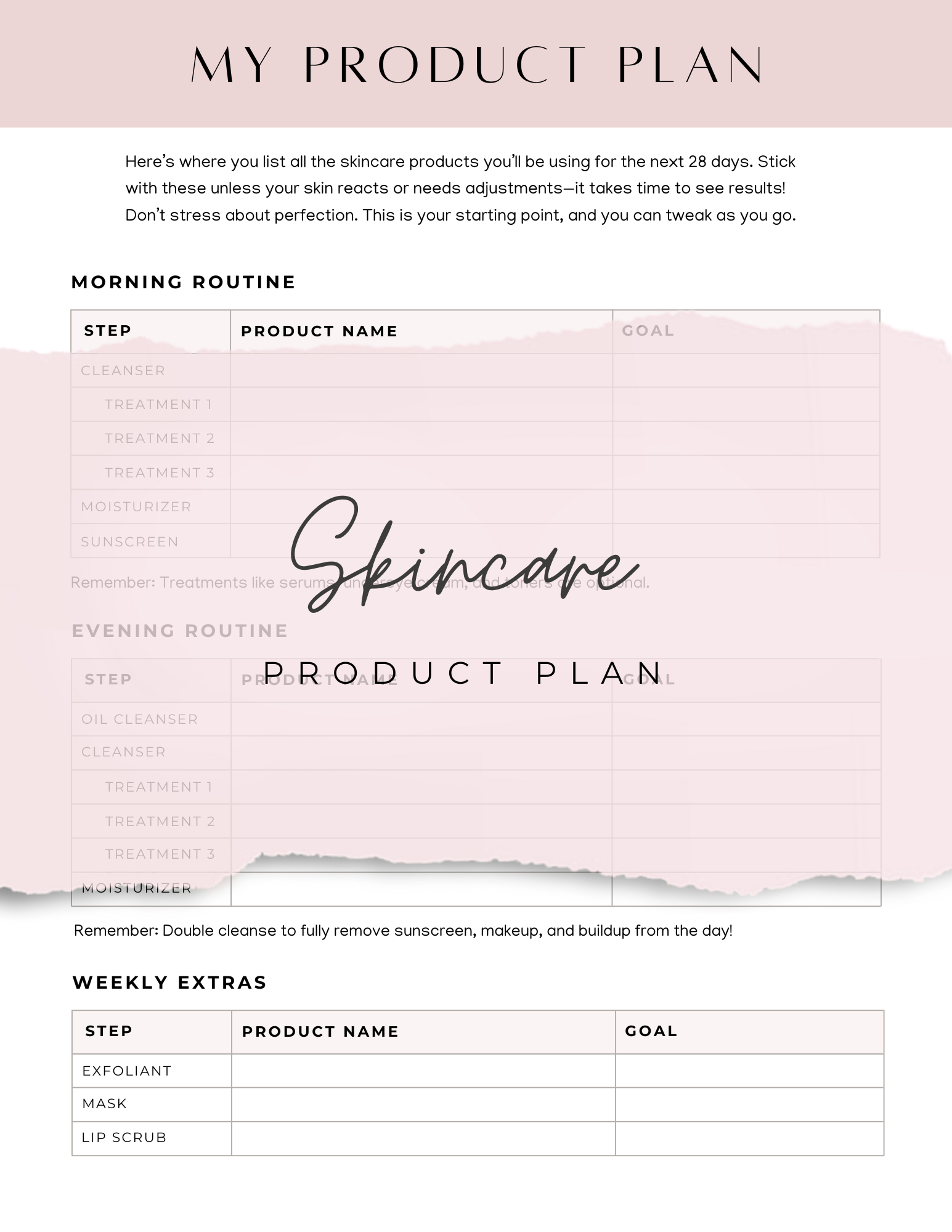 Skincare Product Plan Page