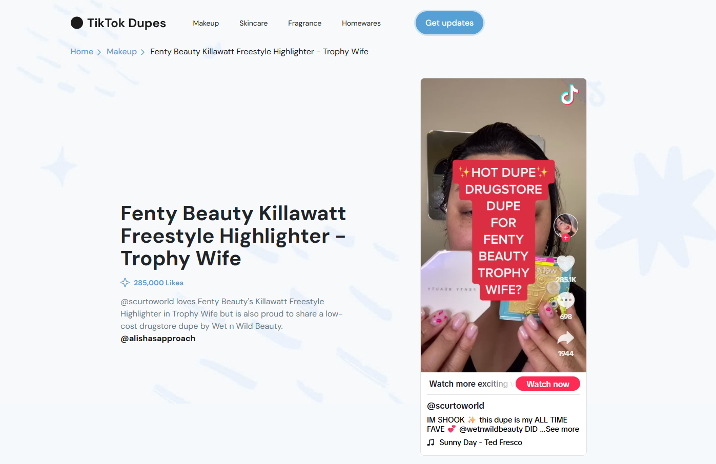 A TikTok video thumbnail showing a woman holding up a makeup palette and a small mirror, with bold red text overlaying her face that reads 'HOT DUPE DRUGSTORE DUPE FOR FENTY BEAUTY TROPHY WIFE?'.