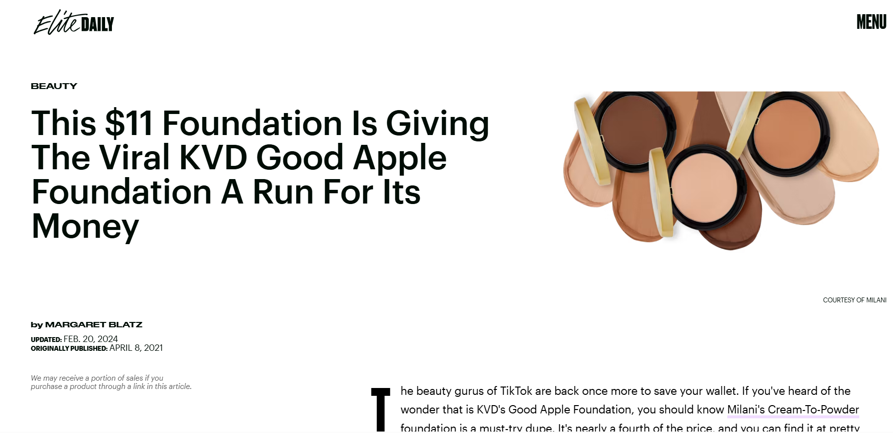 Article webpage header with the title 'This $11 Foundation Is Giving The Viral KVD Good Apple Foundation A Run For Its Money', featuring an image of various shades of foundation in circular containers and rectangular pans, and text credits to 'Milani'.