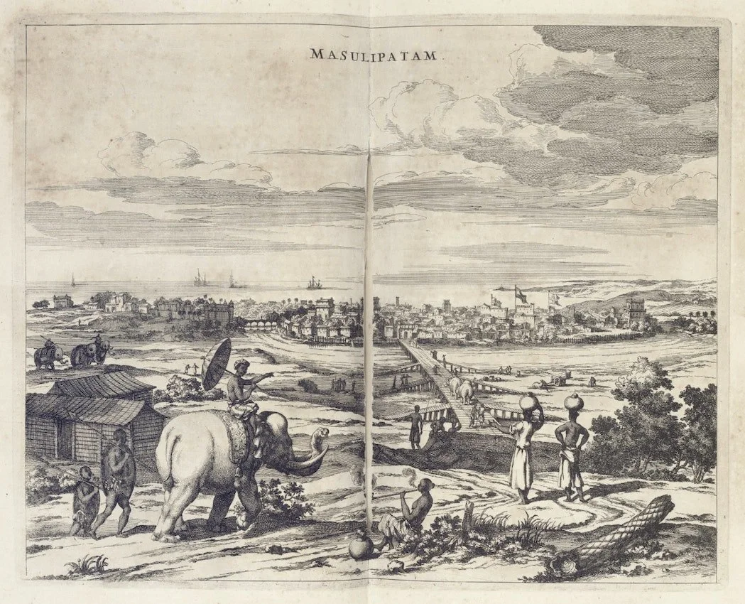 View of Masulipatam, published by Johannes Janssonius Waasbergen, 1672. The three flags indicate the location of foreign trading factories