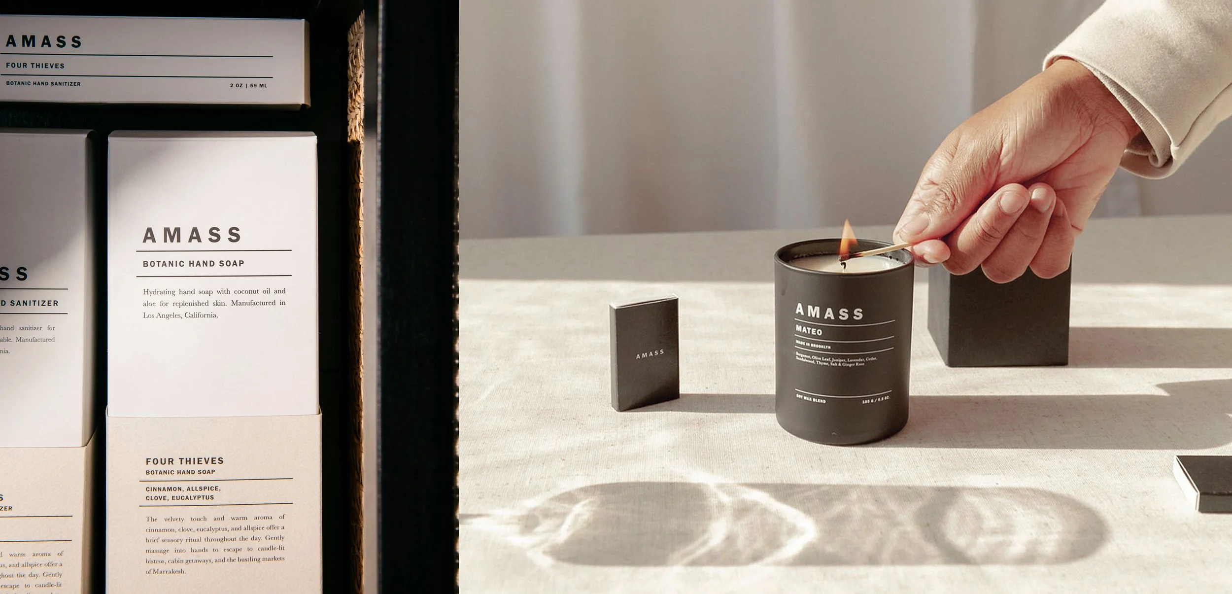  Secondary/primary packaging and product identities for AMASS' personal care line   photos by Harrison Lubin (left), Oak &amp; Melanin (right)  