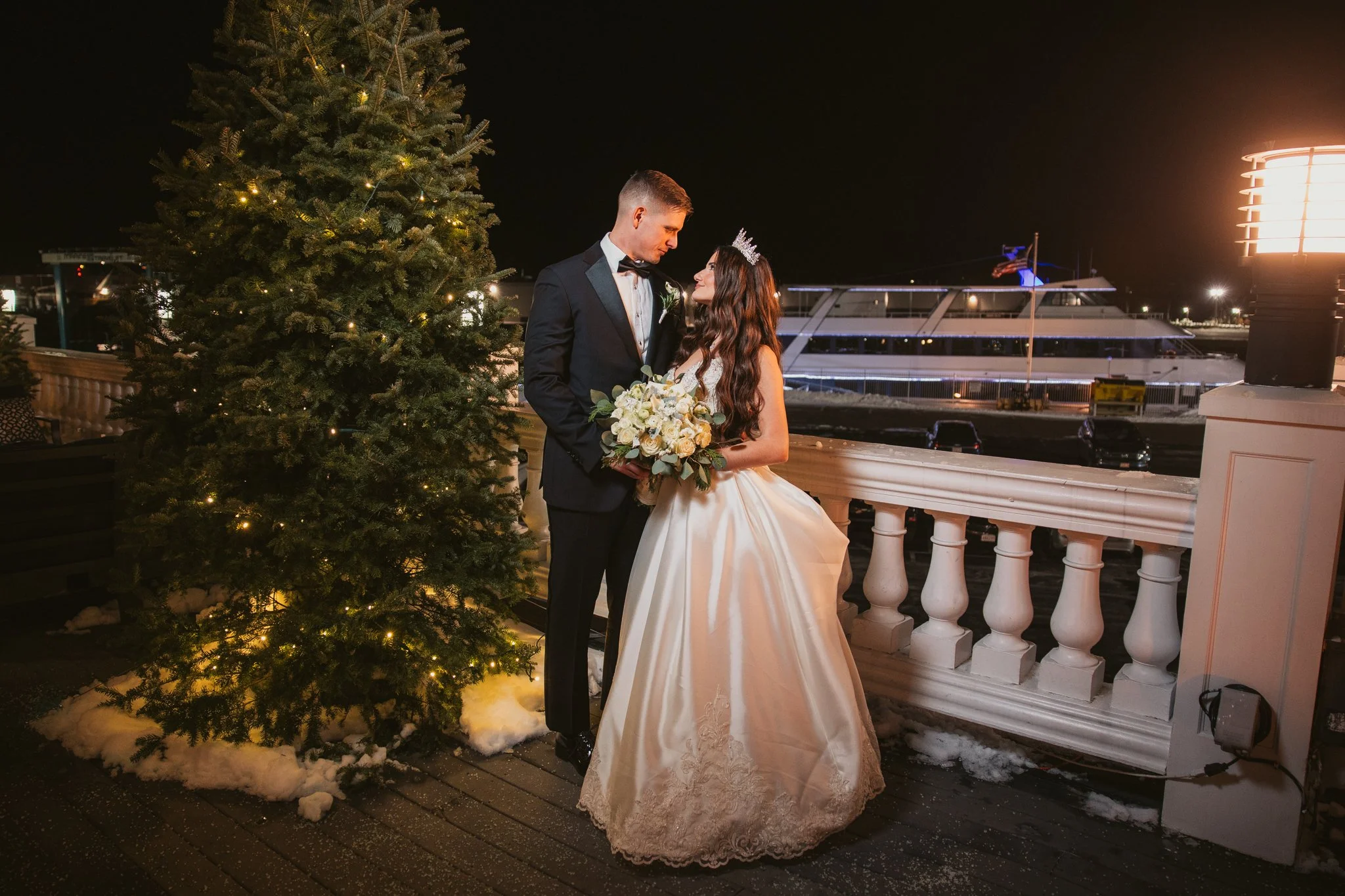 wedding night portrait by waterfront