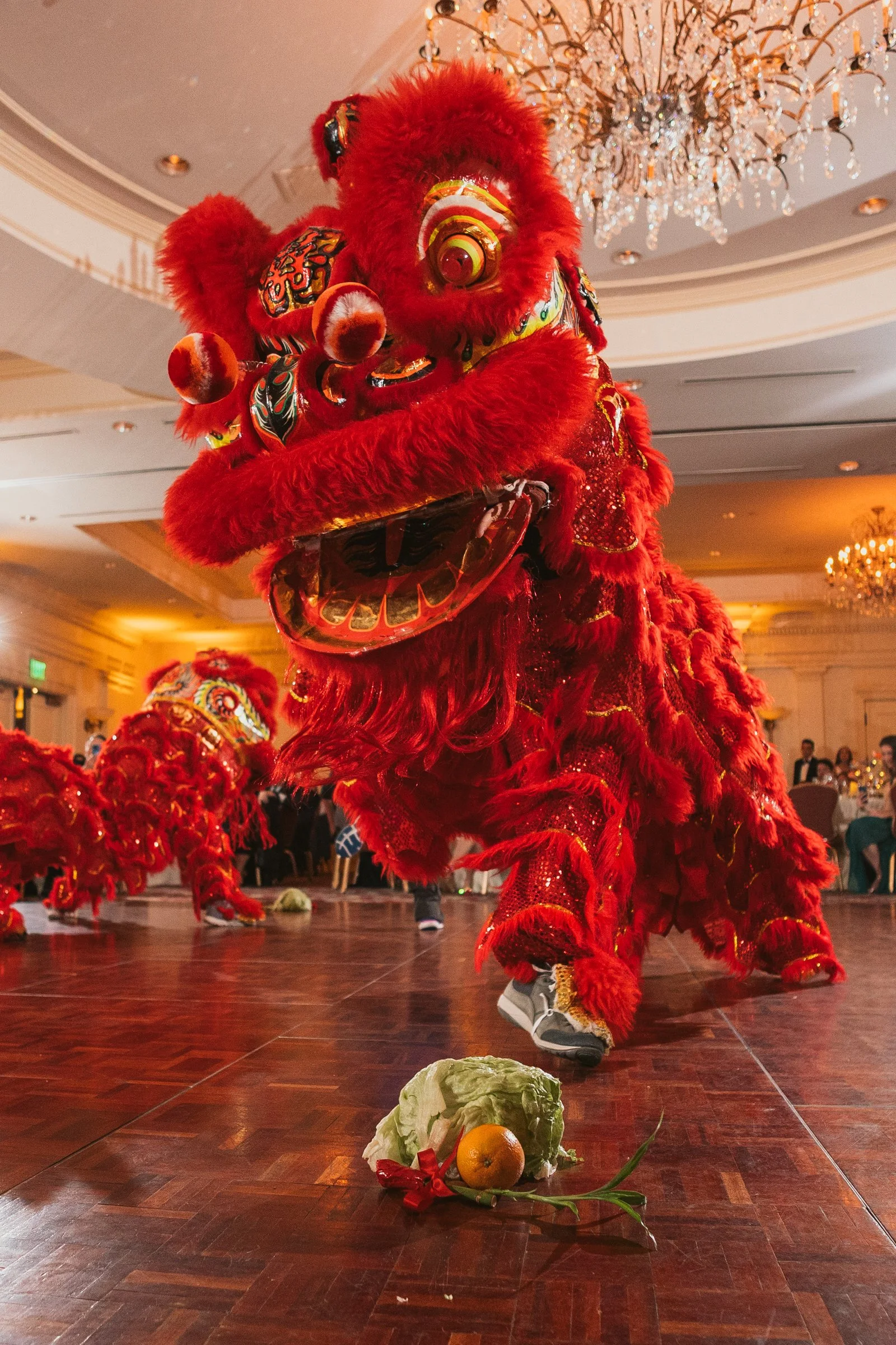 Traditional Chinese lion dance performance at Wentworth by the Sea wedding reception in New Castle NH.