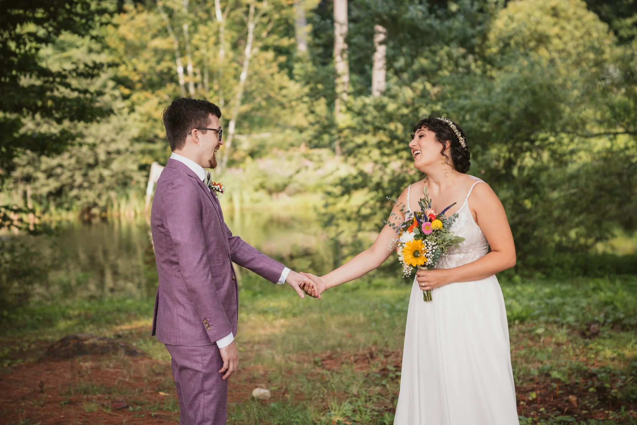 bride and groom first look at pine grove