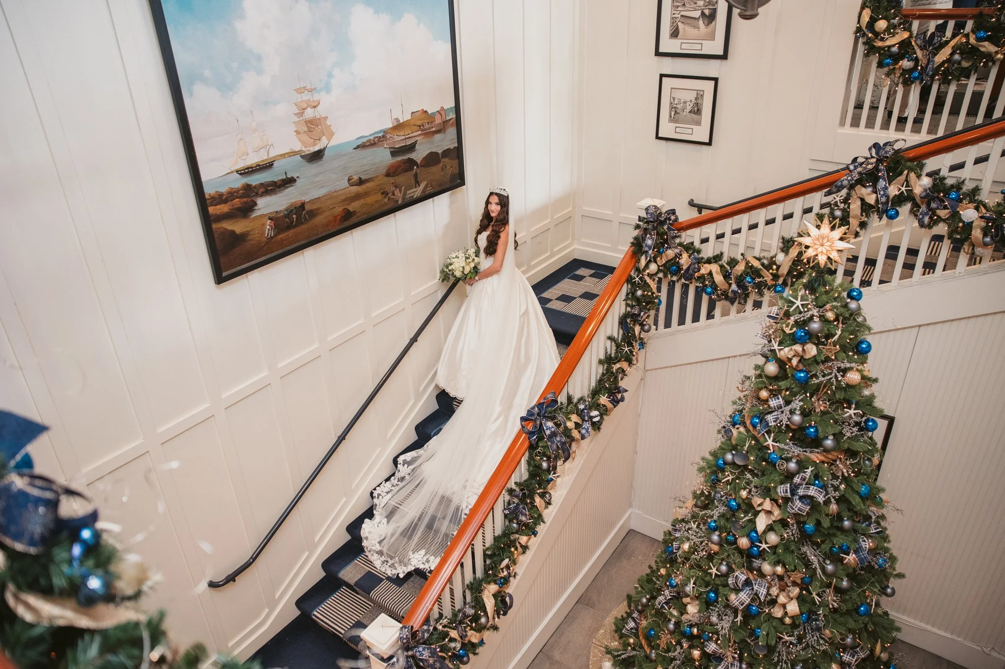 beauport hotel lobby festive stairs bridal portrait