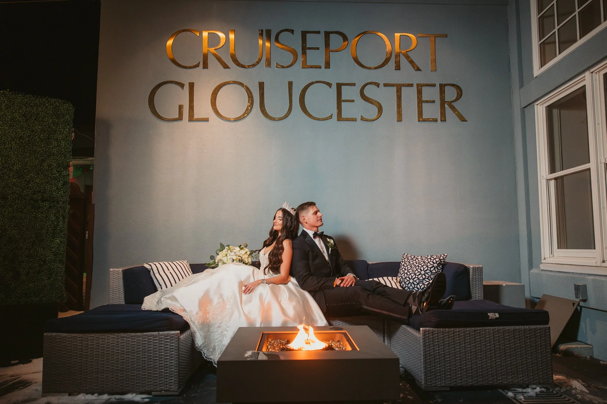 wedding night portrait by fireplace