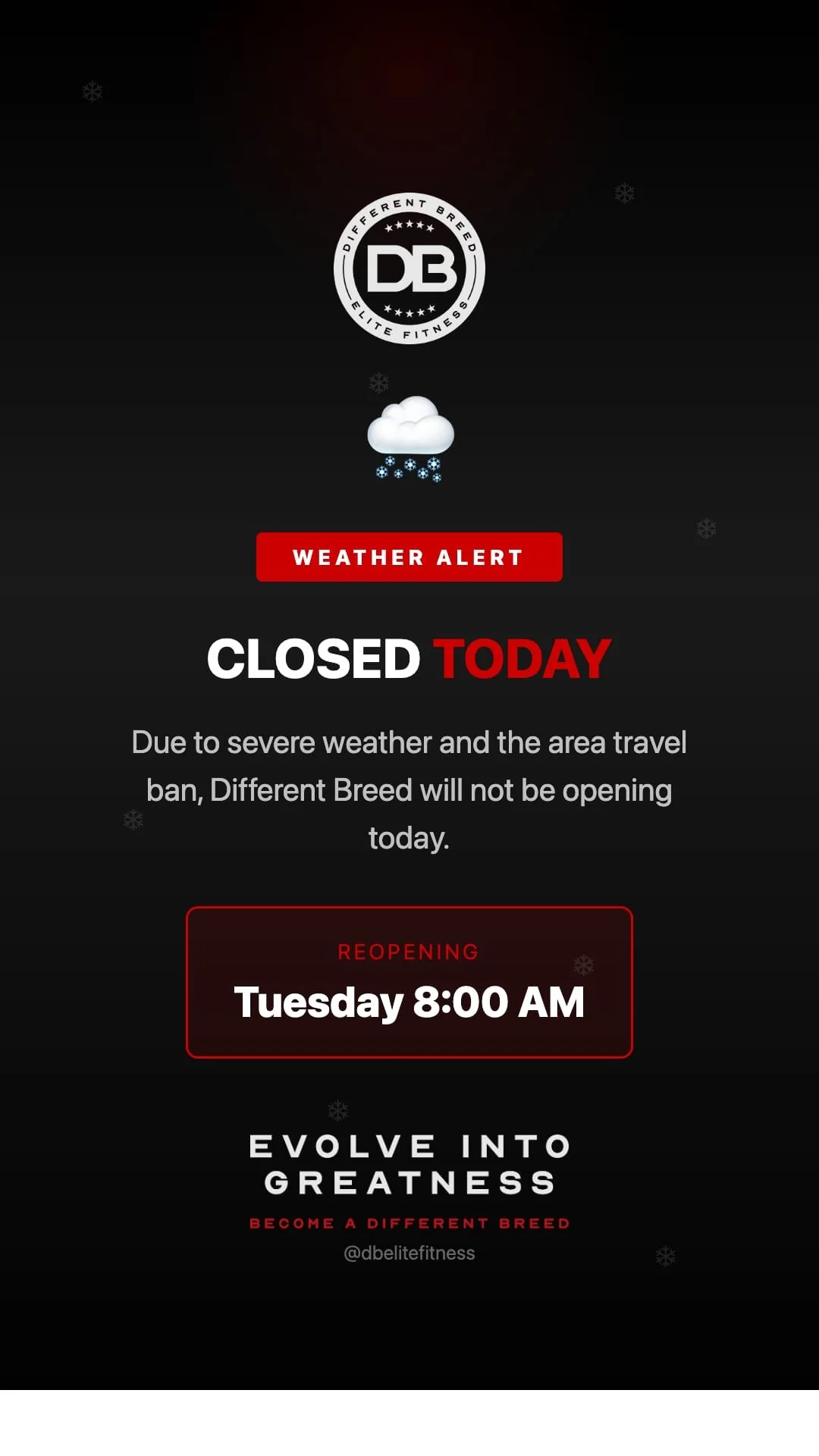 ❄️ Due to severe weather and the area travel ban, Different Breed will NOT be opening today (Monday 2/23).
We'll be back and ready to go Tuesday at 8:00 AM 💪
Stay safe out there, Bergen County! 🙏
#DifferentBreed #DBEliteFitness #BergenCounty #StayS