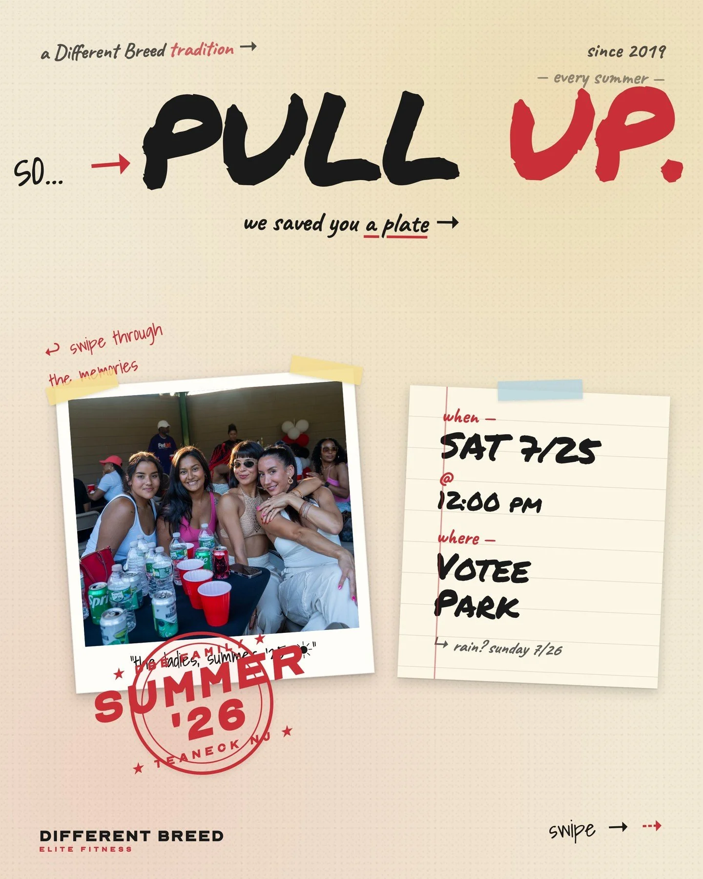 Annual Friends &amp; Family Cookout. Pull up.

Saturday, July 25 &middot; 12 PM
Votee Park &middot; Teaneck
Rain date: Sunday 7/26

Food. Family. Games. The standard the rest of the year is on us &mdash; this day is for you.

Bring your people. The f