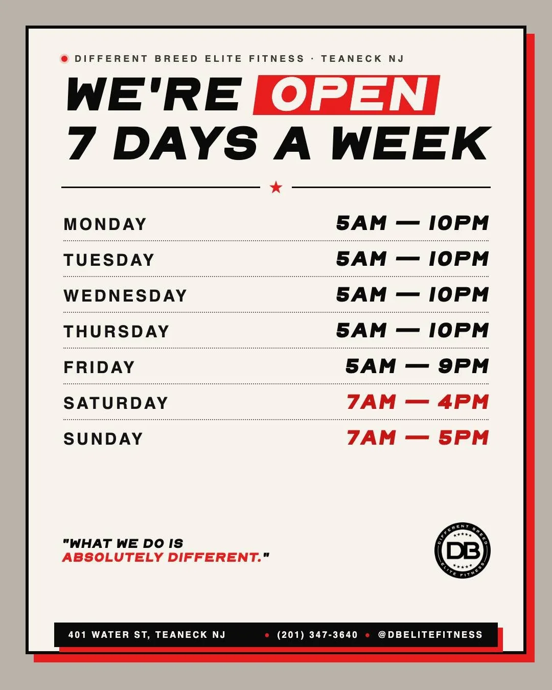 Open 7 days. Sundays now run until 5PM.

The magic you're looking for is in the work you're avoiding.

Walk in any day of the week.
401 Water St, Teaneck NJ &middot; (201) 347-3640

#DifferentBreed #EvolveIntoGreatness #NJFitness #TeaneckNJ #TrainDif