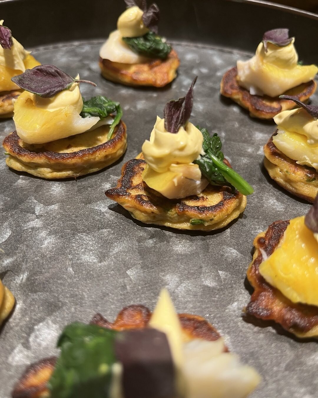 Deep in the canap&eacute; season &hellip; this is a new favourite of mine  Smoked haddock, spinach and hollandaise on a curried potato pancake &hellip;