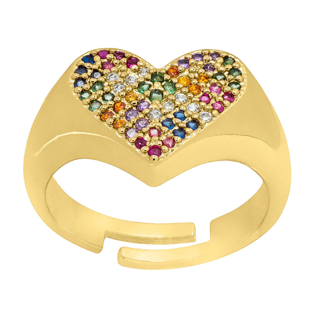 Golden heart ring product photography showing all the multicoloured gems