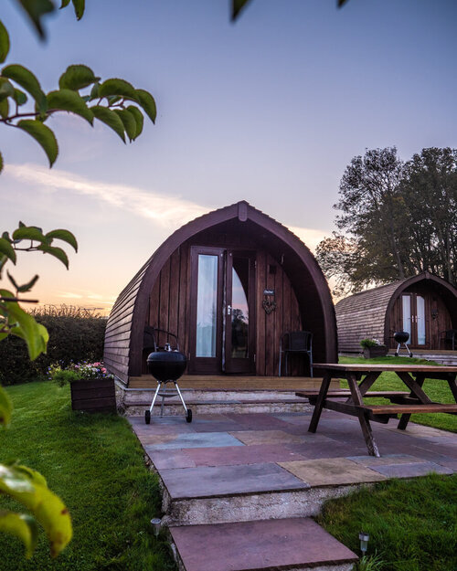 A luxury glamping pod capture at sun set in the Peak District National Park