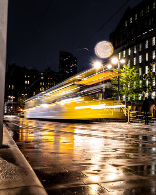 Long exposure photography at St Peter’s Square tram stop in Manchester City Centre. 