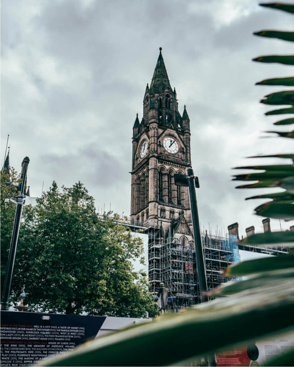 Manchester Town Hall with scaffolding around it as it’s undergoing a renovation 