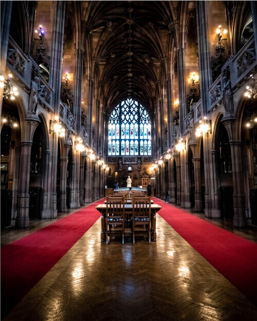 Full view of inside John Rylands Library with the hall and room