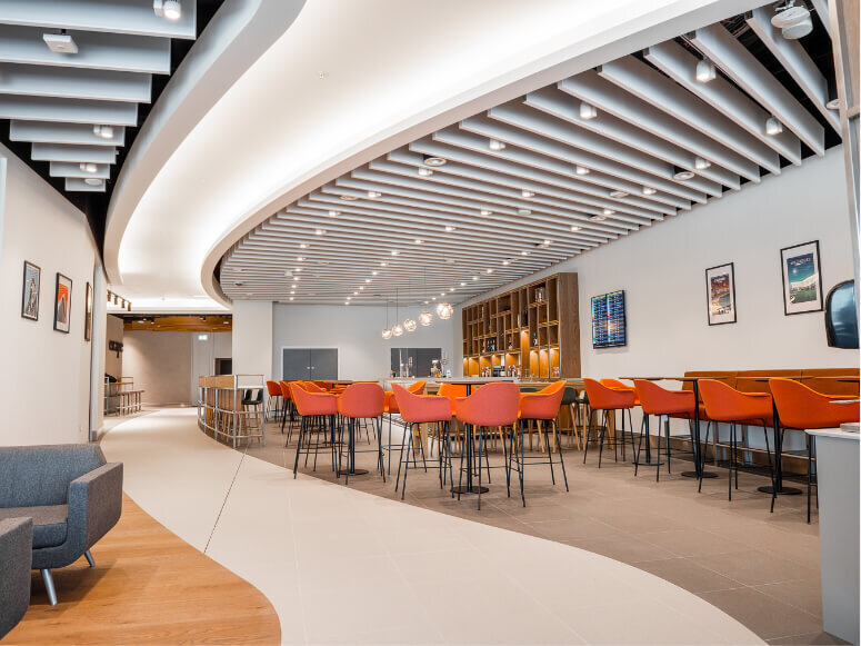Interior photography capturing the ceiling detail inside Escape Lounges at Manchester Airport