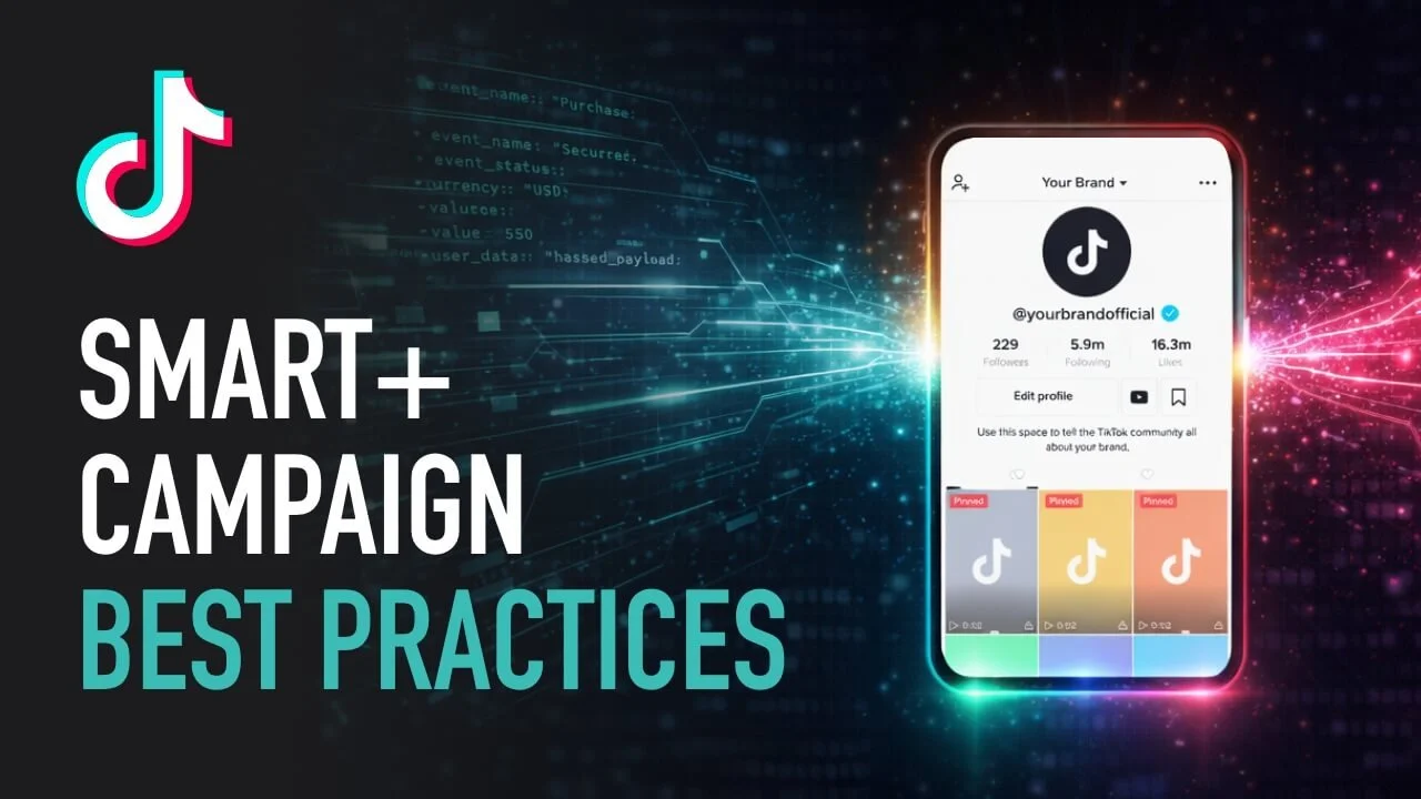 TikTok Smart+ campaign best practices graphic showing TikTok logo and brand profile on mobile screen with data visualisation background.