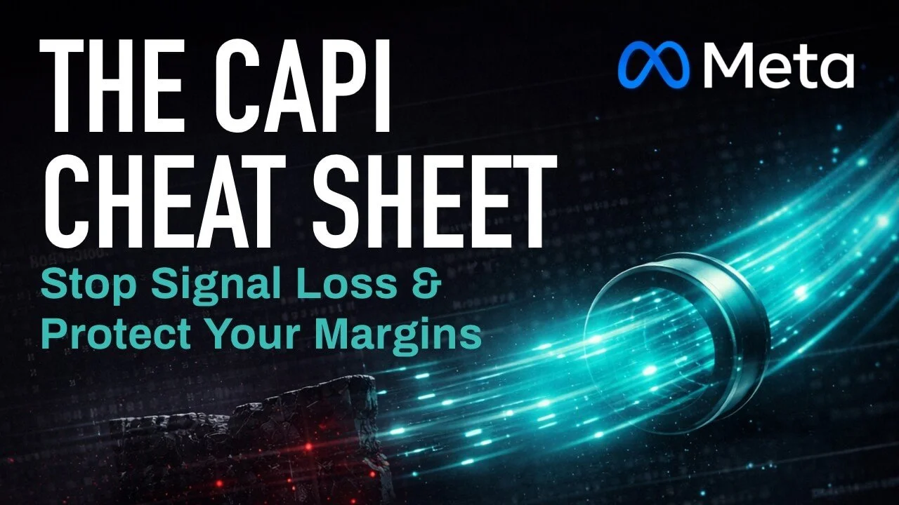Blog thumbnail for The CAPI Cheat Sheet. The text "Stop Signal Loss & Protect Your Margins" sits next to the Meta logo, alongside a 3D illustration of a secure server-side data pipeline bypassing a broken tracking barrier.