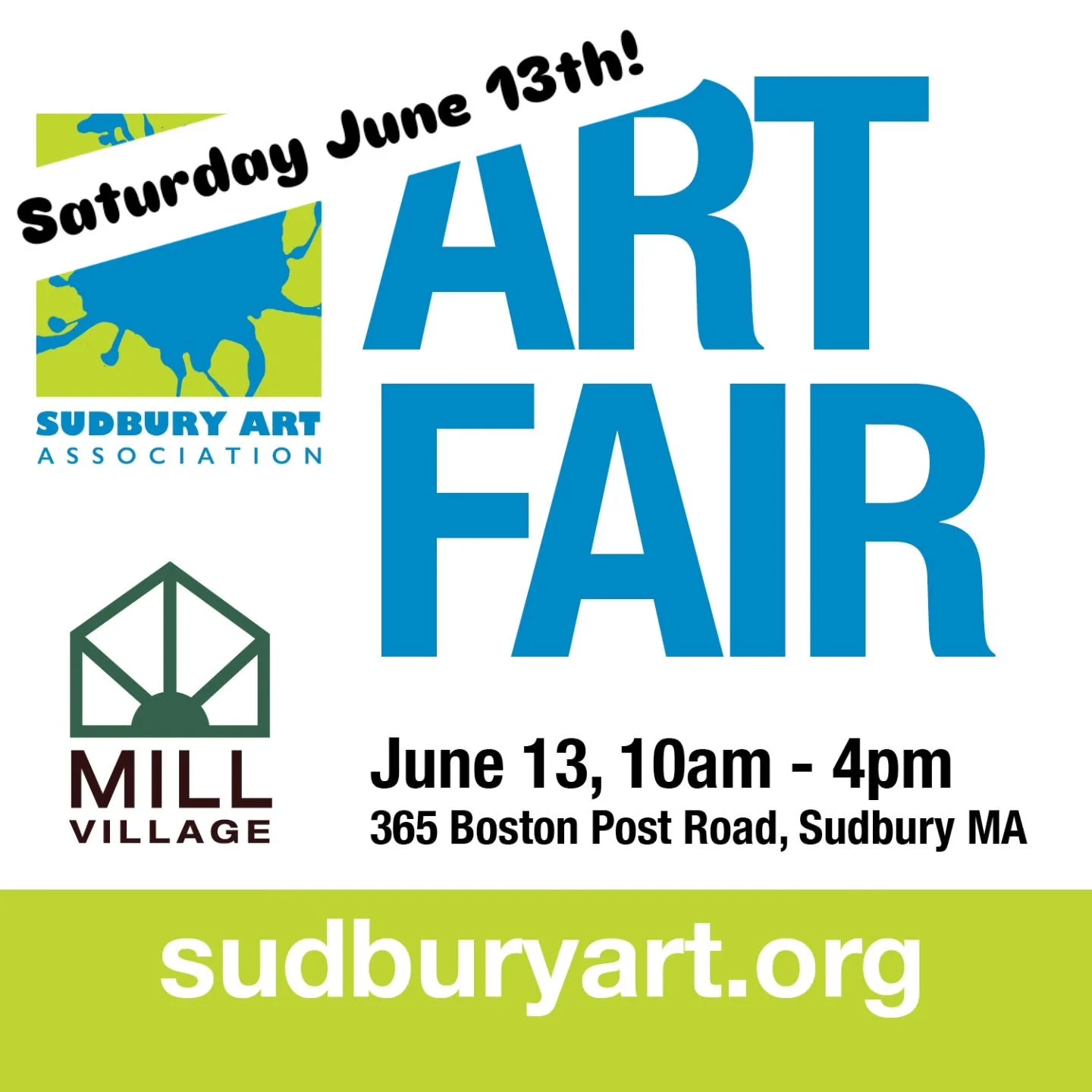 Join us Saturday June  13th, 2026 for our annual Spring Art Fair combined with Mill Village! New location! Places to eat lunch and fun activities.  To see a list of our artists, go to our website www.sudbury.org 

Saturday June 13th, 2026
10am-4pm
No
