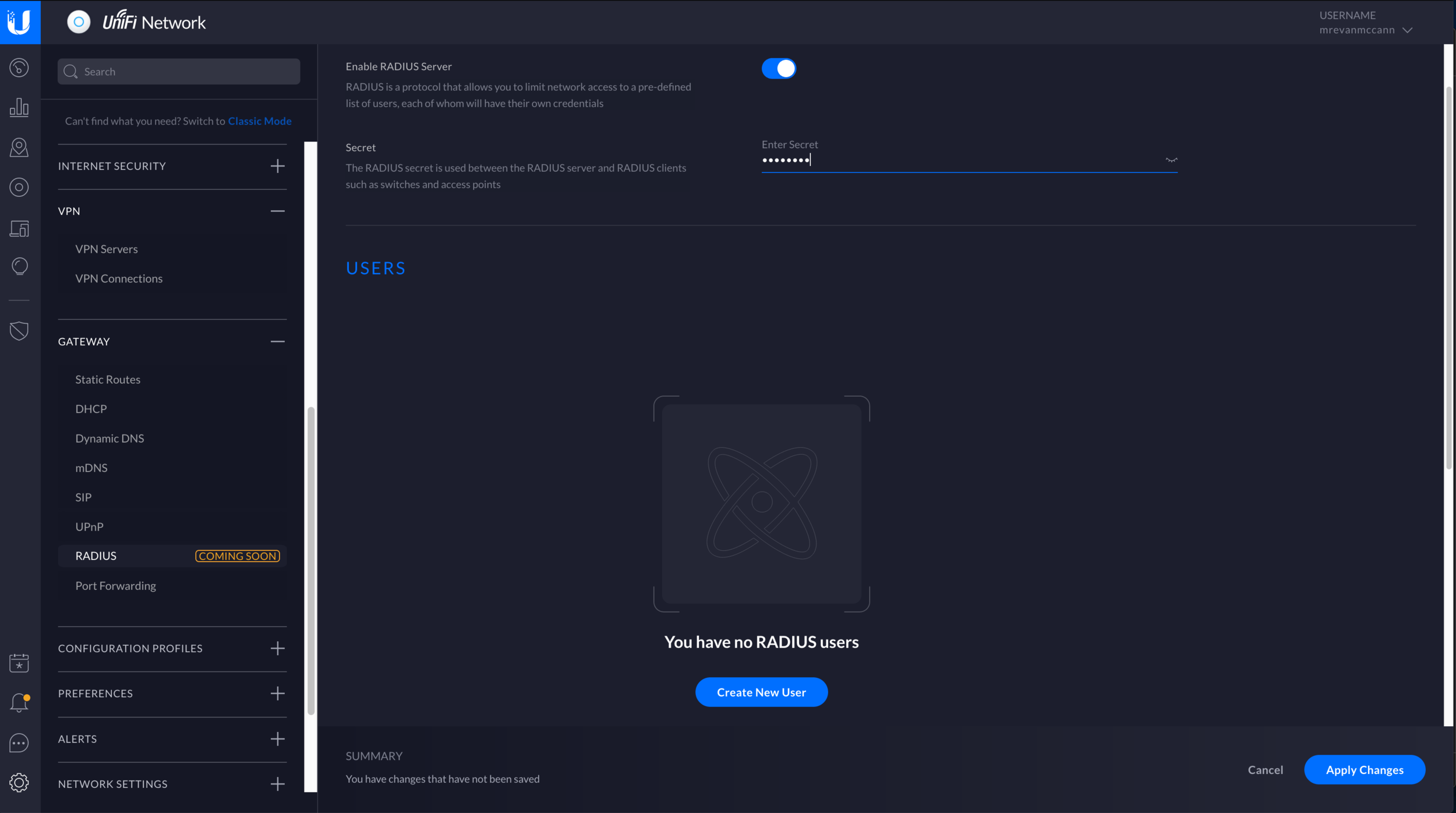 Enable RADIUS and create a sercret