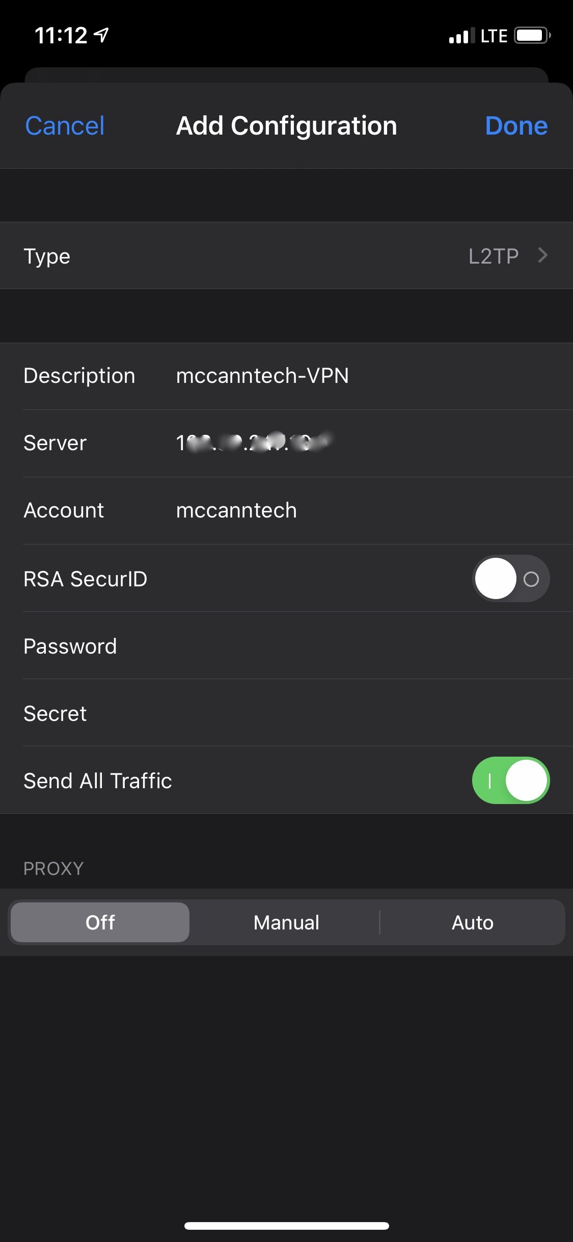 Example of adding VPN server to iPhone