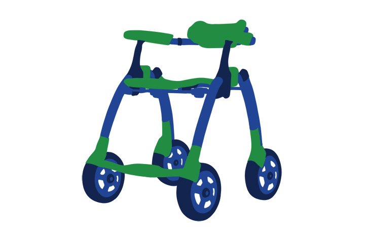 Illustration of a green and blue walker with four wheels.