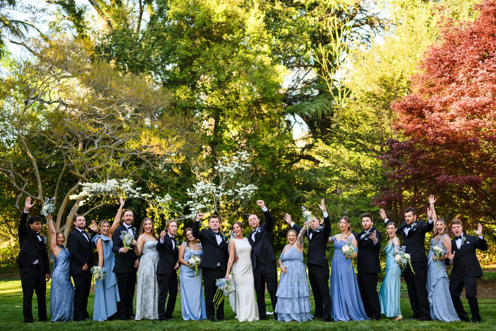 Bride, groom, and wedding party cheering on Duncan Estate’s lawn, with blue bridesmaid dresses and flowering trees in Spartanburg, SC.