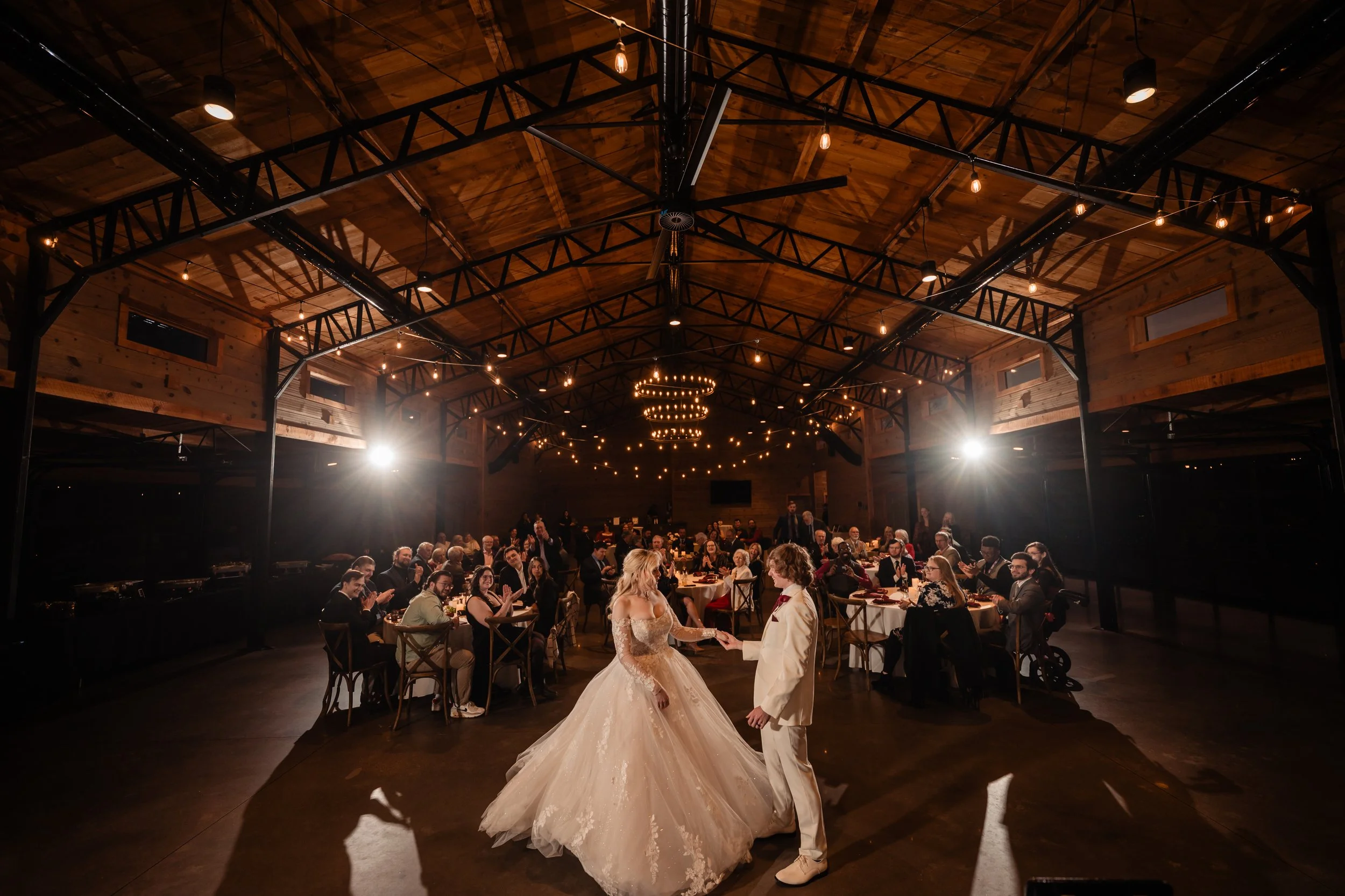 First dance photo inside The Barn at Sitton Hill.