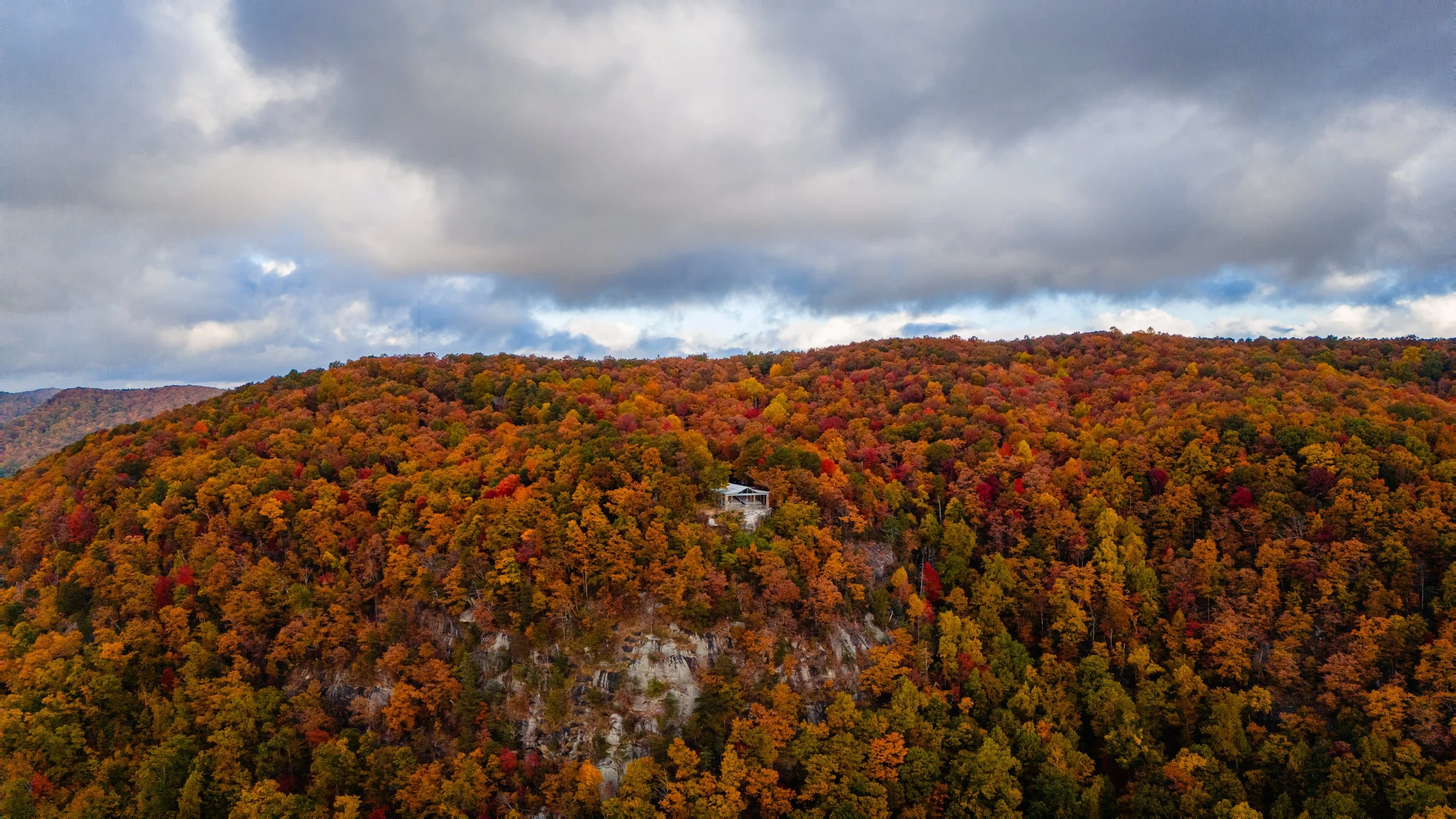 Aerial view of a fall wedding ceremony at Pretty Place Chapel.