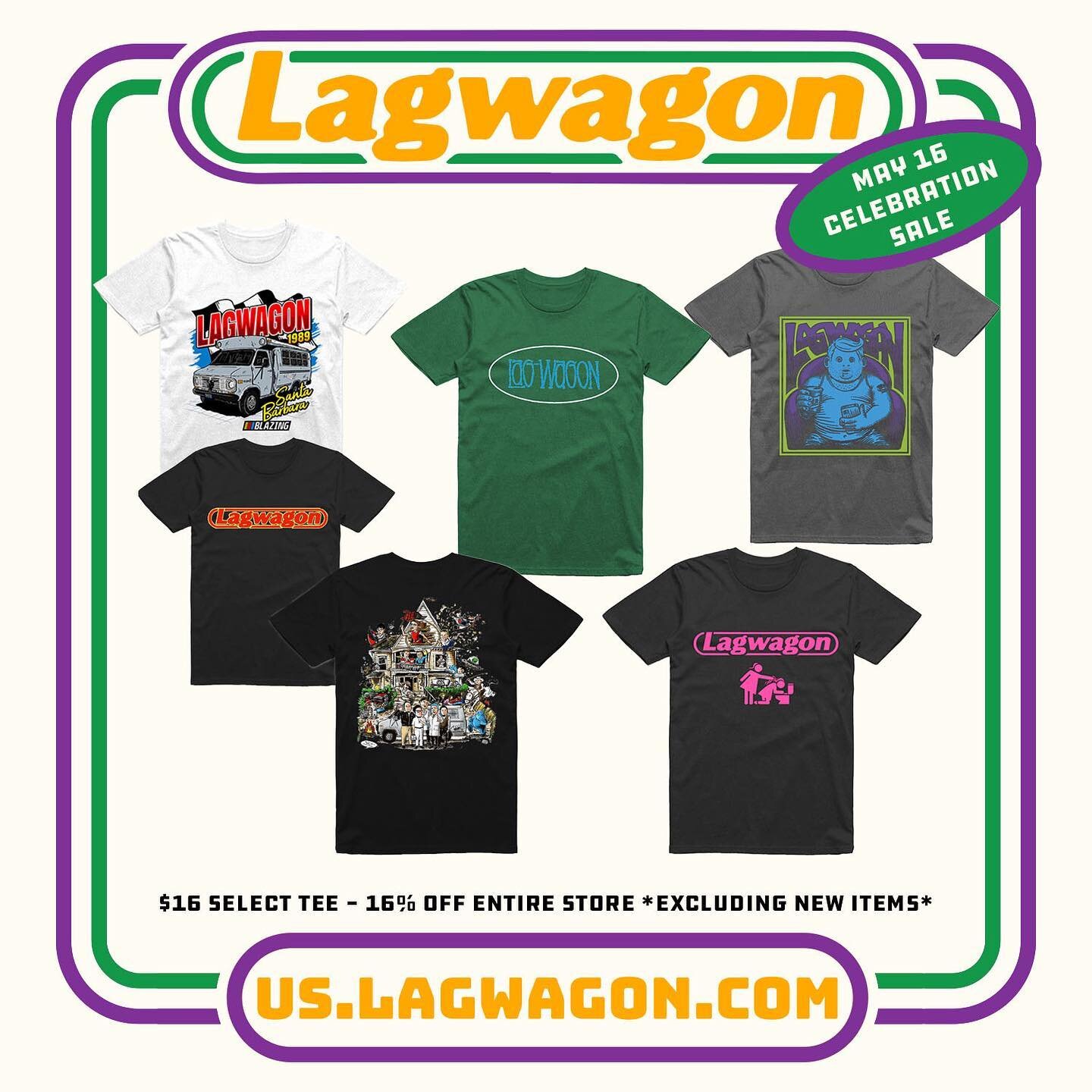 HAPPY MAY 16th!! 🎉🍾🎈🤘🏽✨💥 Thanks to everyone for your great posts celebrating Lagwagon Day, you guys are the BEST!!! 🖤 Hope to see many of you this summer (and beyond) on tour. Also just a heads up that our US merch store is celebrating today w