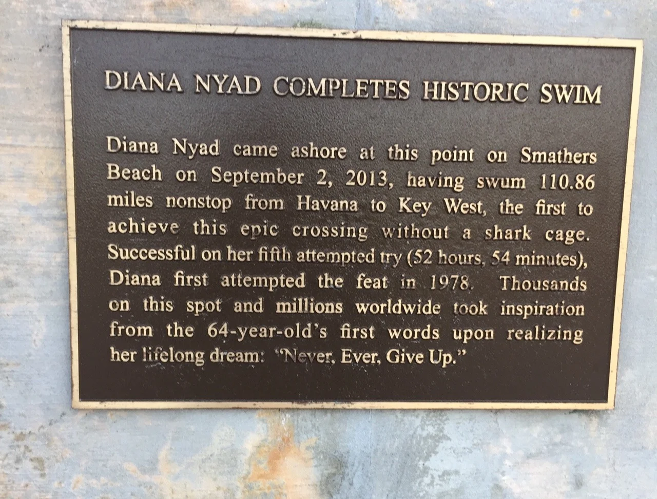 Do you remember when Diana Nyad swam from Havana to Key West? I was riveted, and so I made it a mission to find this plaque on Smathers Beach. “Never. Ever. Give Up.”
