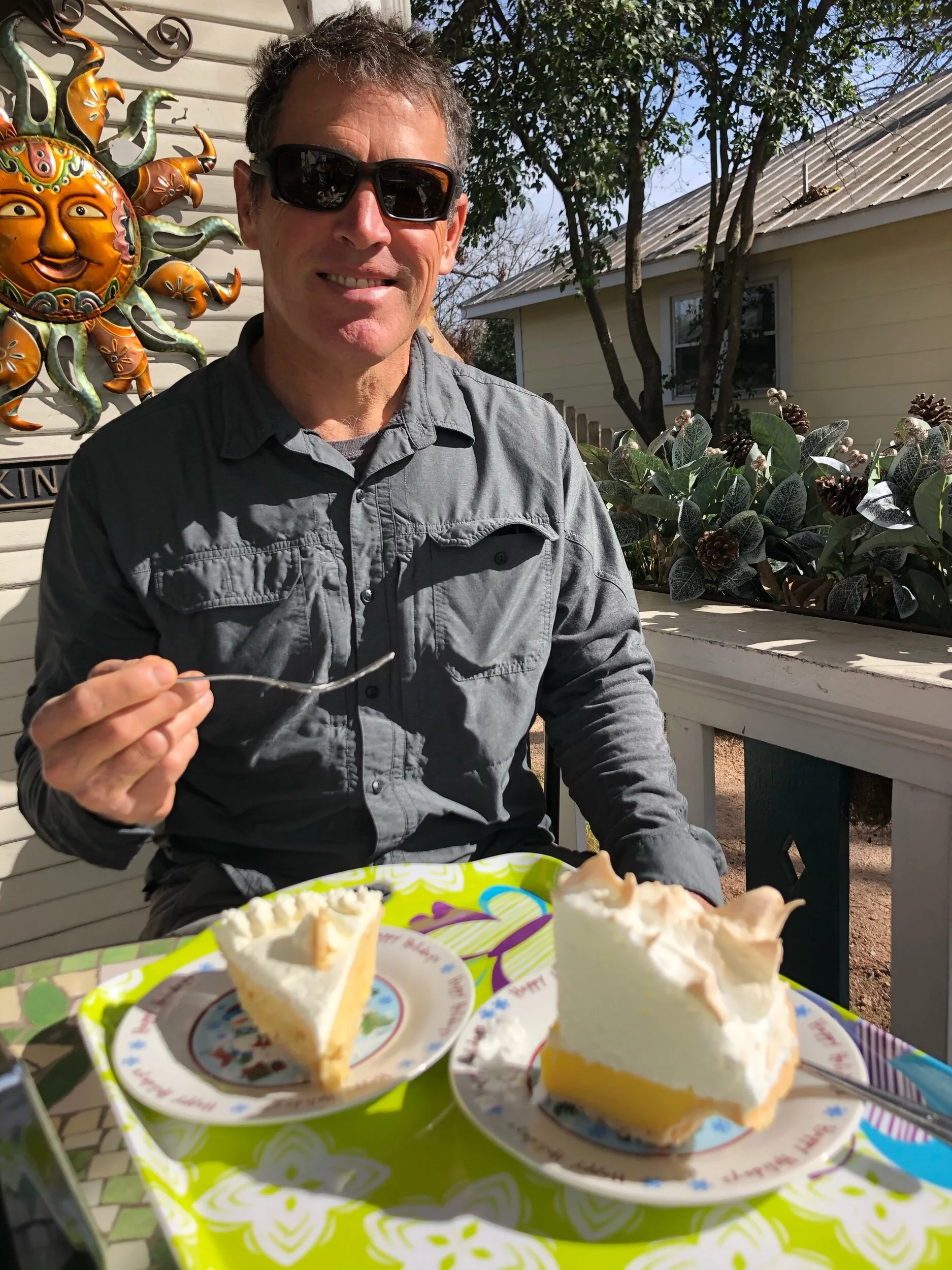 Tucking into a banana cream pie and lemon meringue at the Fredericksburg Pie Company.