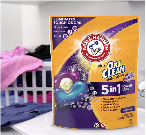 $3 (or 2/$5) ARM & HAMMER Plus OxiClean with Odor Blasters 5-in-1 Laundry Detergent Power Paks, 14ct (Regular price $4.99)