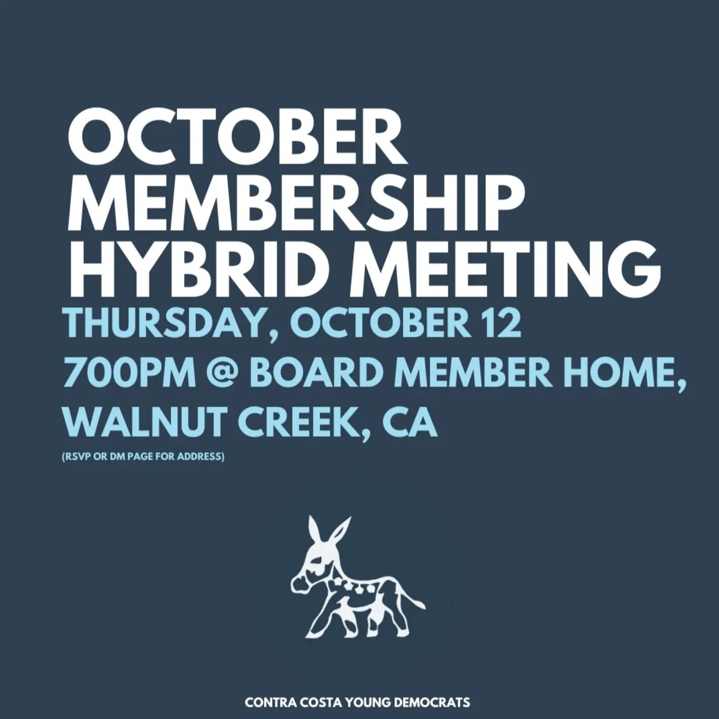 Hybrid October Meeting! RSVP on Facebook, DM us here or on Slack for the address or grab the link in our bio for the zoom link.

This week's meeting will be hybrid and based in Walnut Creek at one of our board member's homes. 

Light refreshments to 