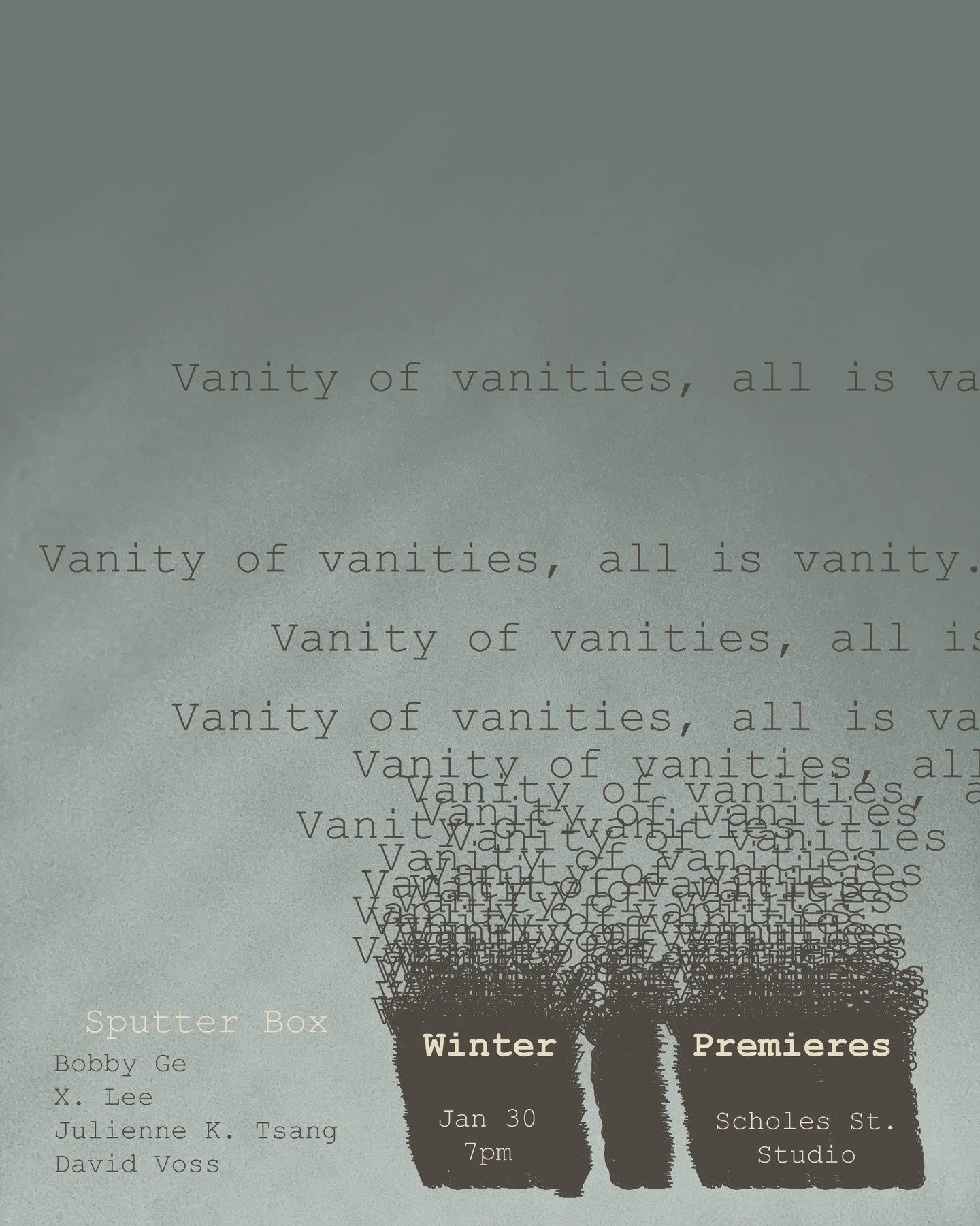 Winter Premieres Workshop Vol. V

Friday, January 30th, 2026 at 7pm at Scholes Street Studio! Suggested donation at the door $10. 

This season we are changing things up! Our Winter Premiers concert will feature workshops of pieces by Bobby Ge, Julie