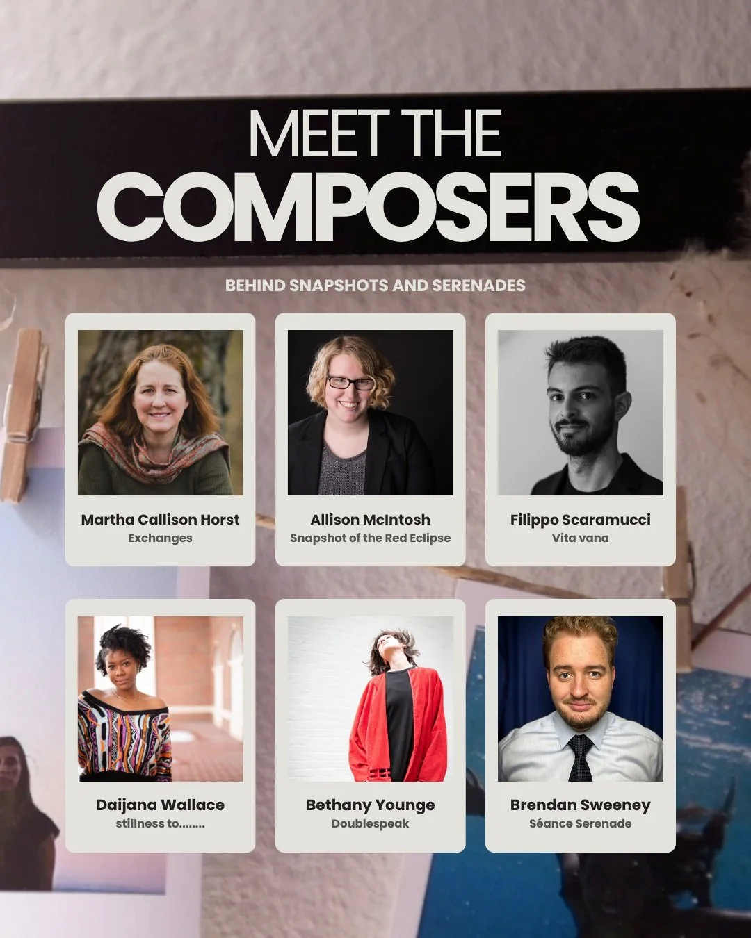 Six composers. Six pieces. Six paths to Snapshots and Serenades.

These pieces came to us through collaborations, residencies, commissions, adaptations, and our most-googled search from the first three years of Sputter Box: &ldquo;music for clarinet,