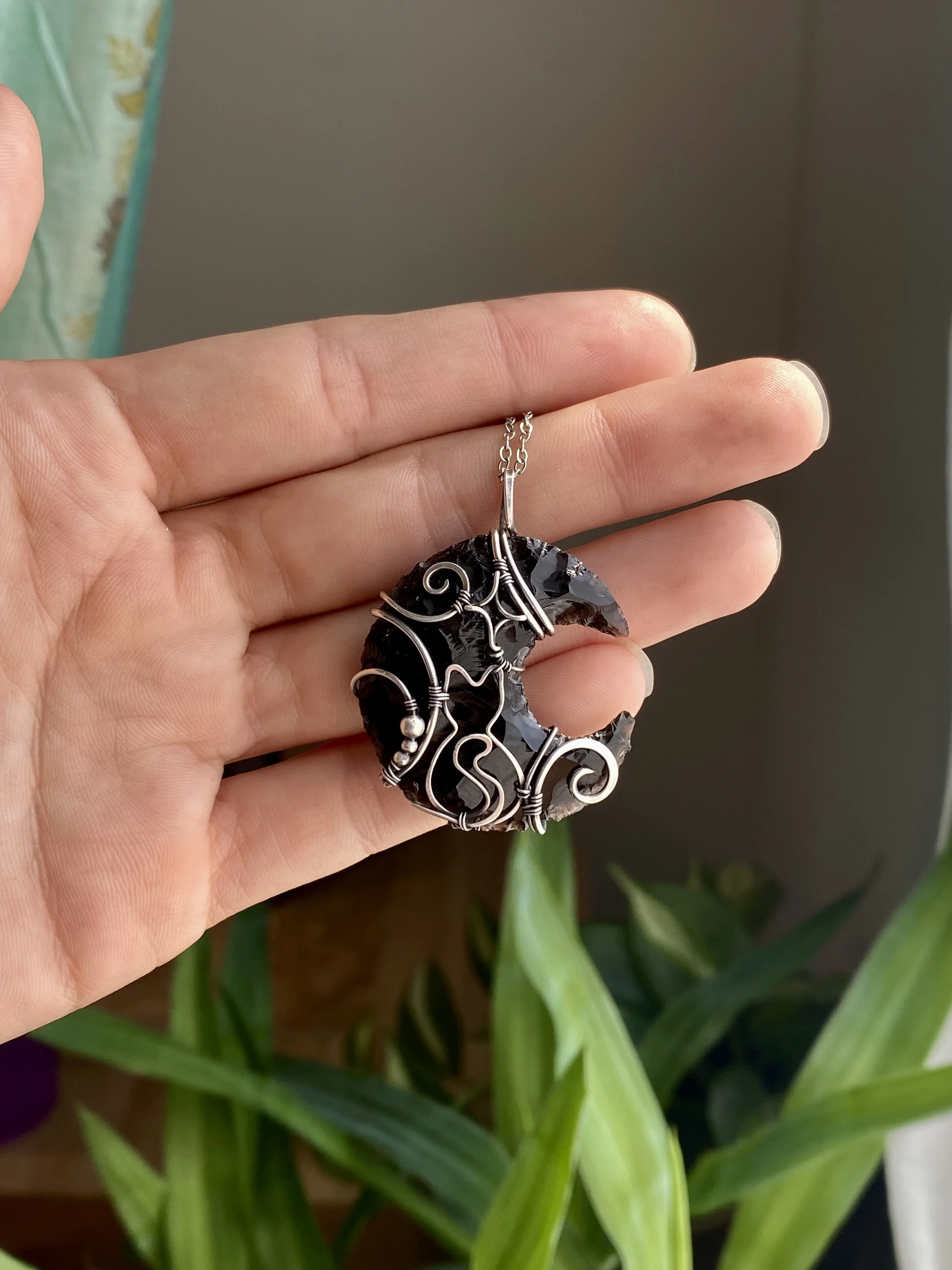 Obsidian Moon Kitty Necklace