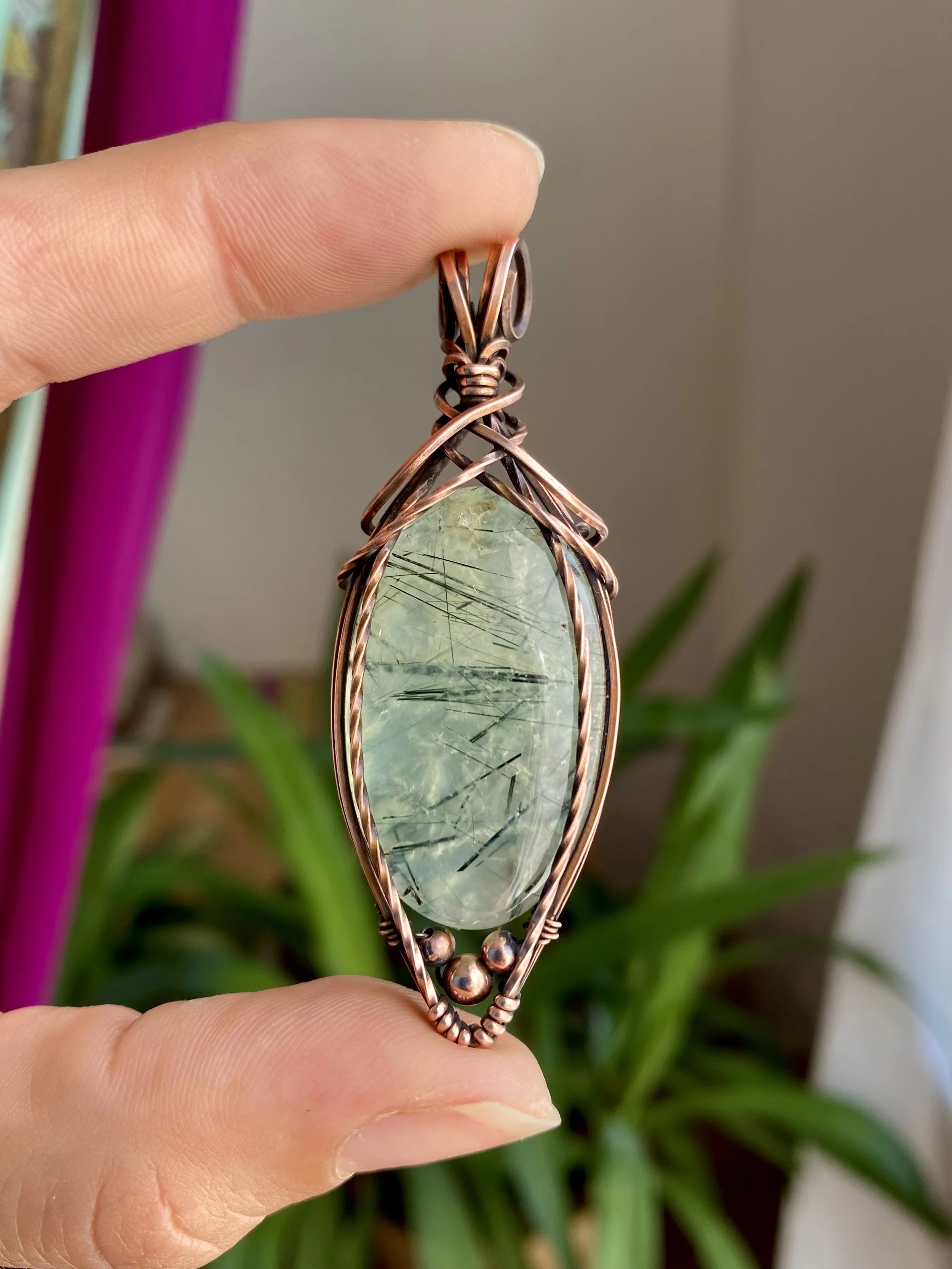 Prehnite in Sleek Copper Frame