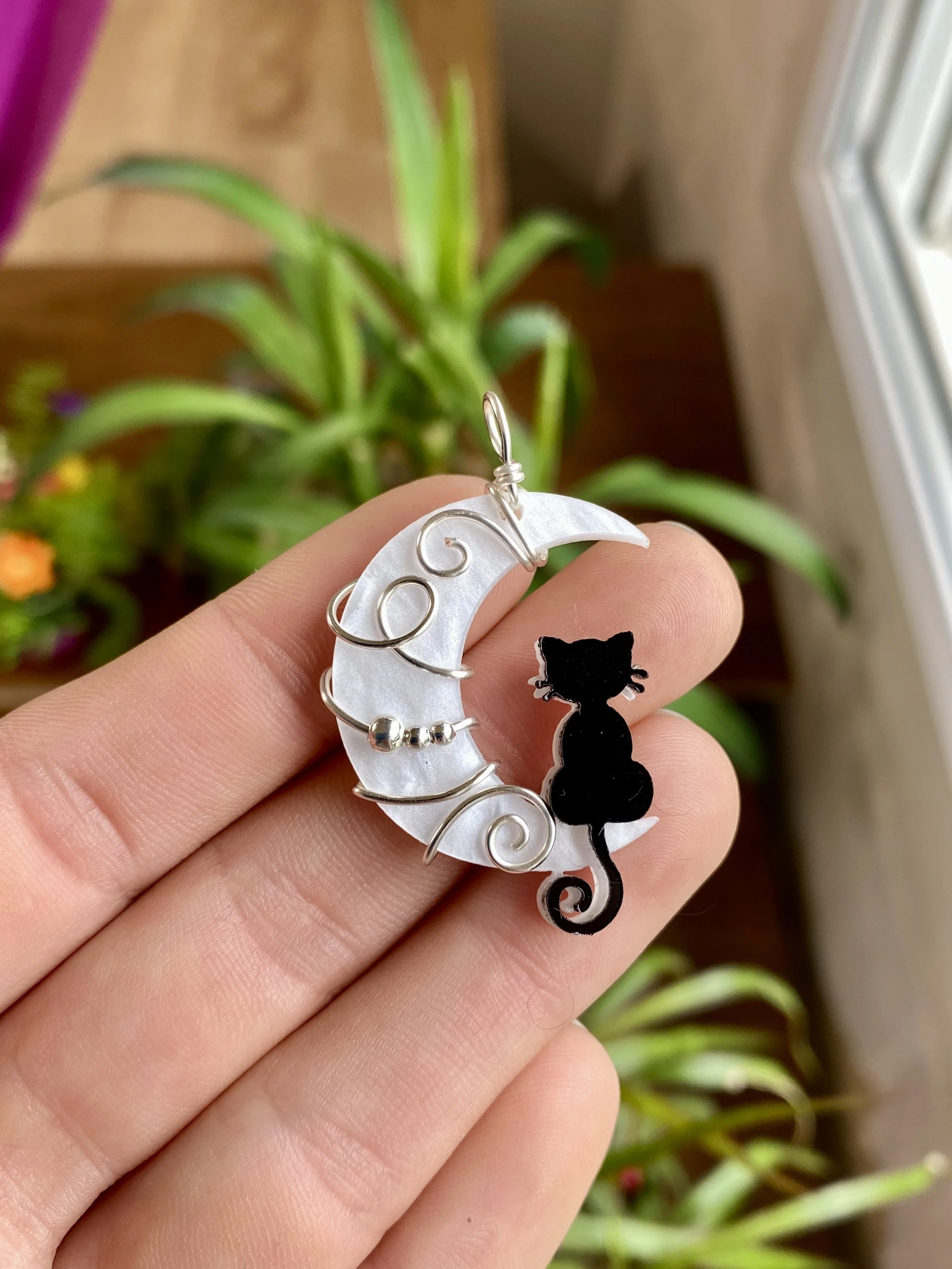 Silver Plated Cat in the Moon Pendant