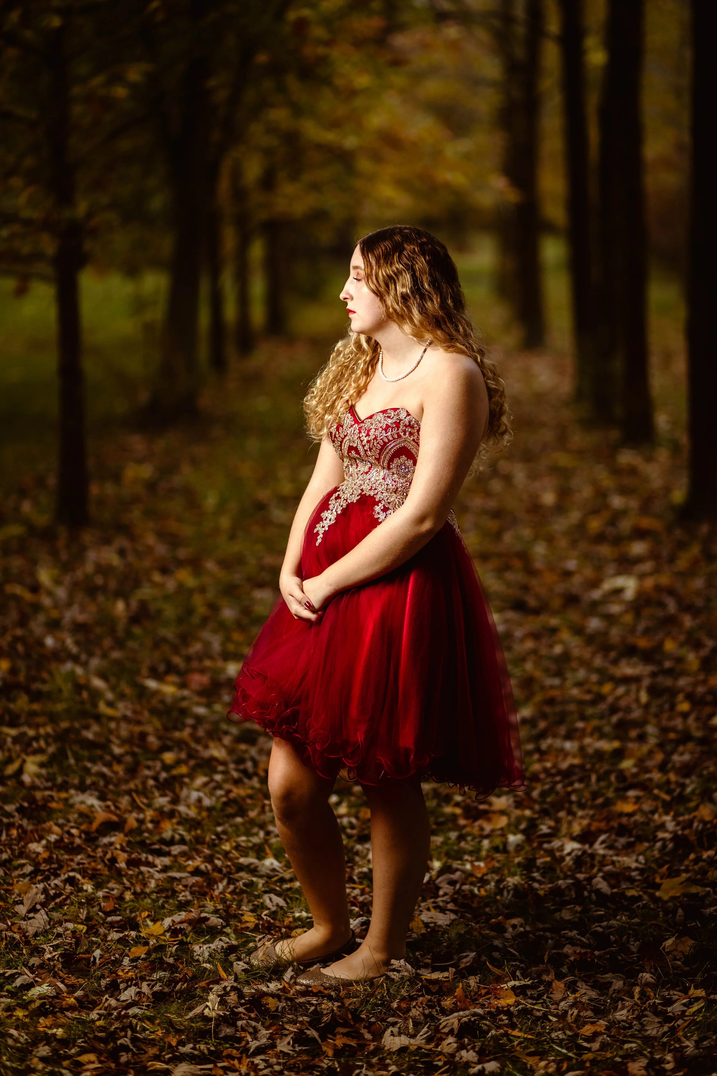 Pretty Girl in Fall Formal Dress in Trees.jpg