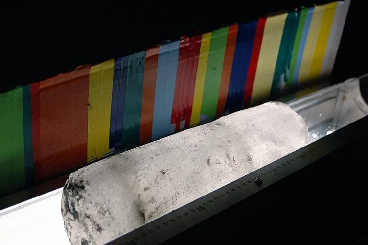 Ice core for study (Photo courtesy of Peter Rejcek, National Science Foundation)