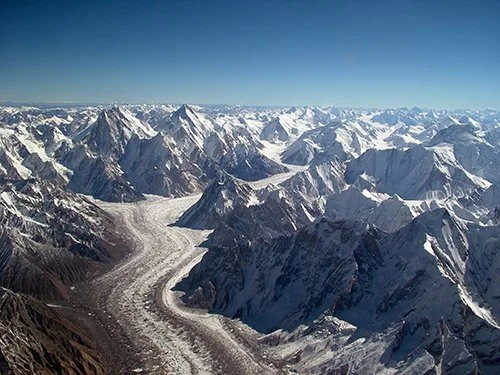   MOUNTAIN GLACIERS  form on the slopes of cold, high mountains.  Image: Baltoro Glacier in Pakistan 