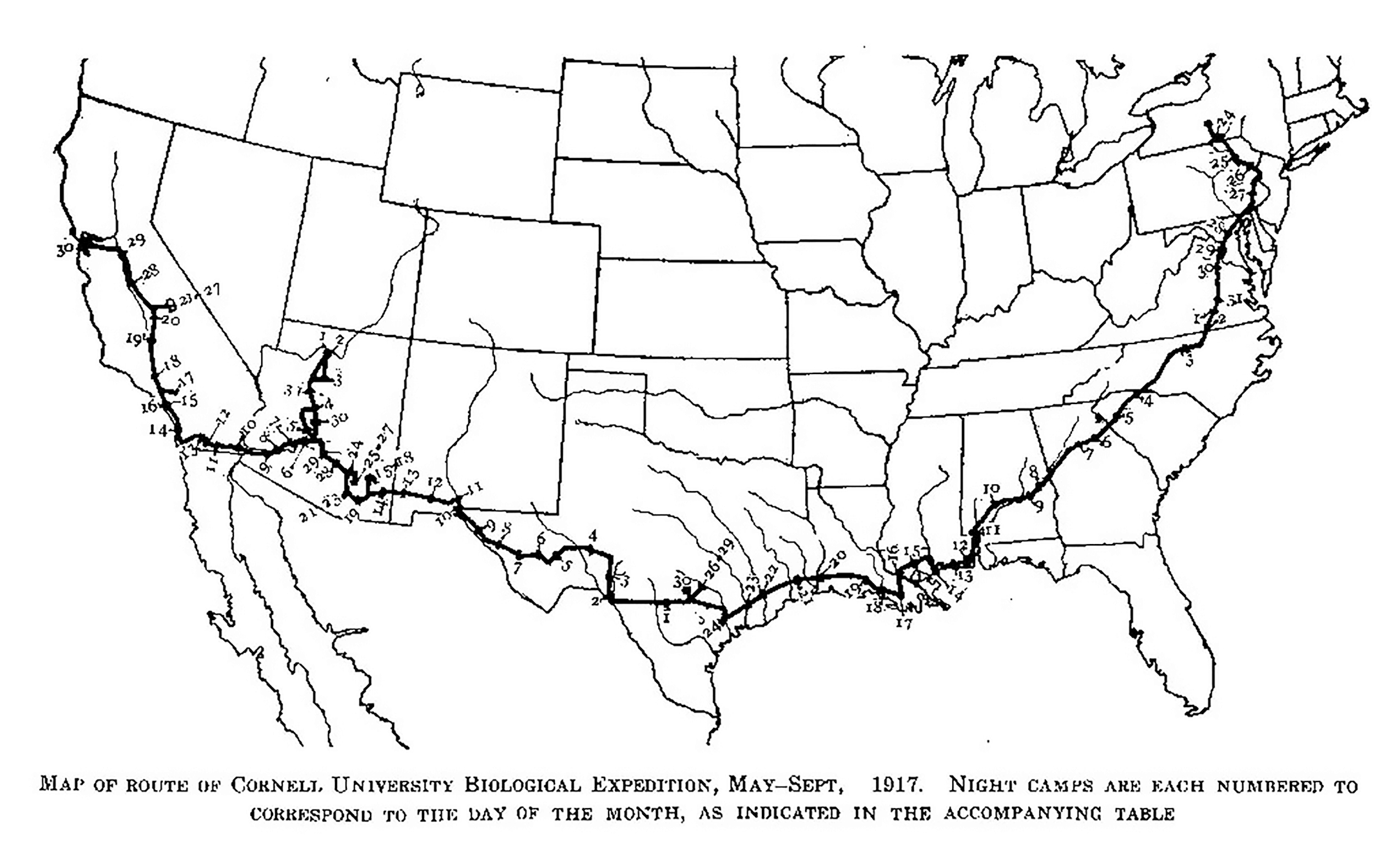 Illustration of a map of the route of Cornell University Biological Expedition, May-Sept, 1917