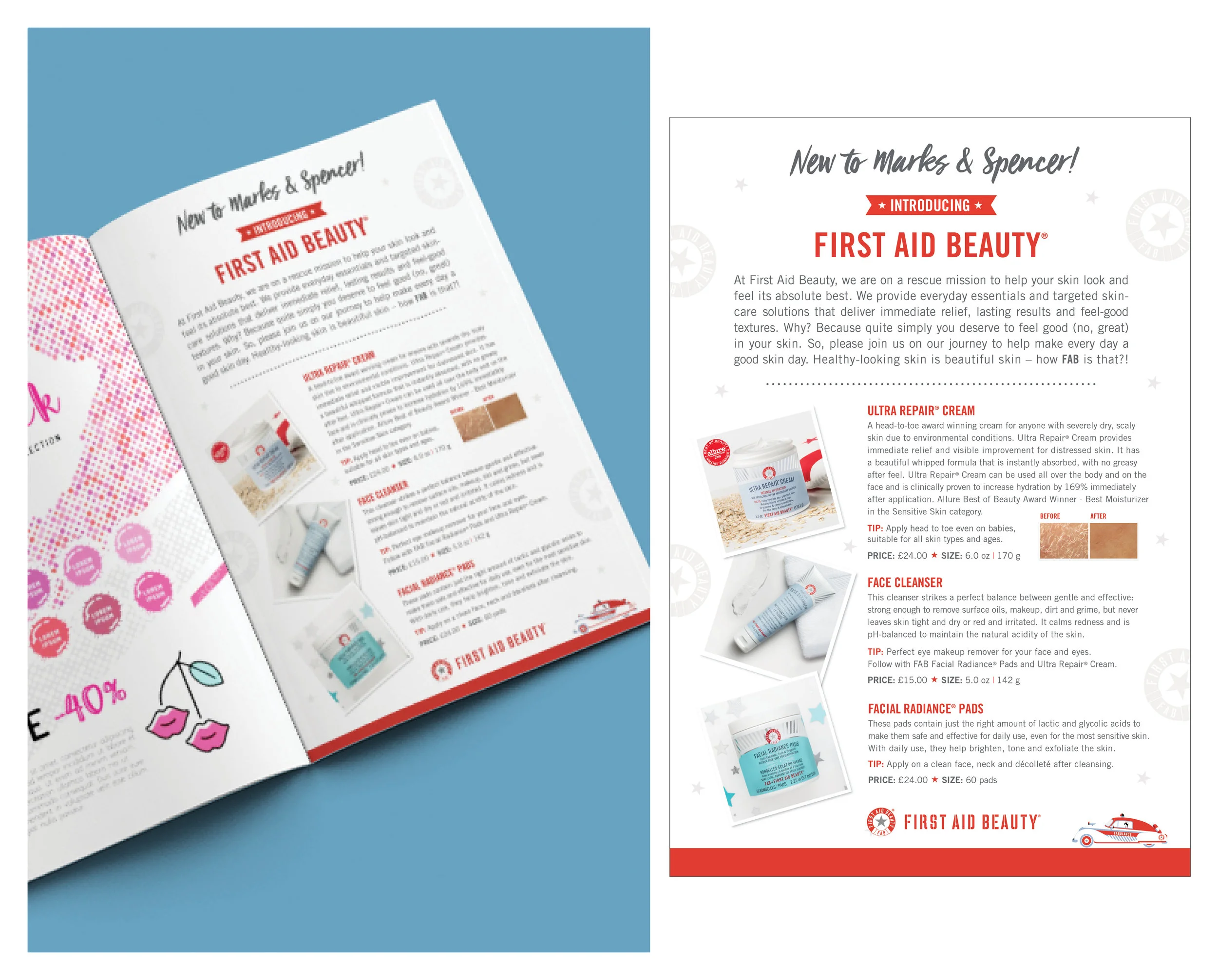 Print ad for Marks & Spencer magazine (UK beauty retailer) to introduce First Aid Beauty.