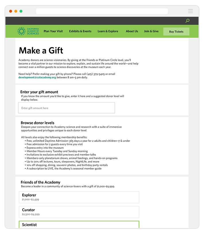 Donors: 2 ways to determine the right level. Levels listed by tier or enter a dollar value and the level is shown