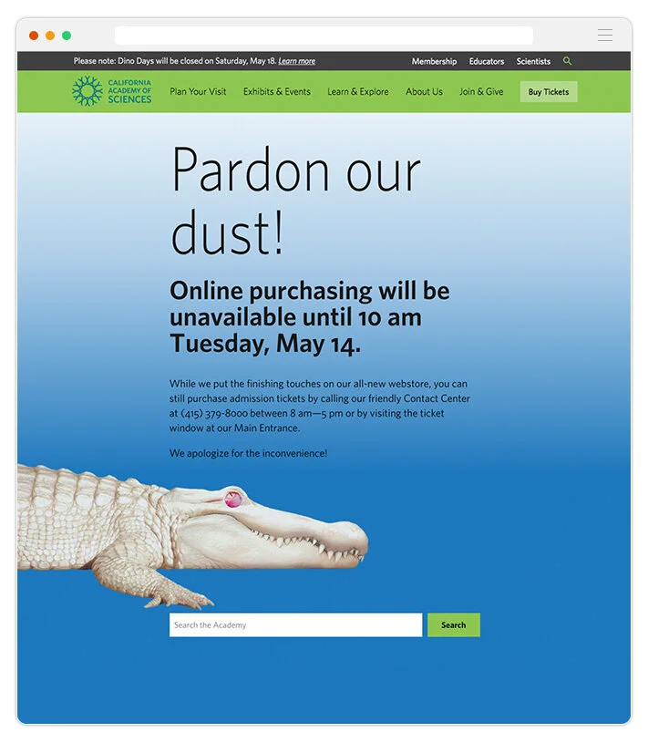 Graphic error page used during the transition to the new ticketing system