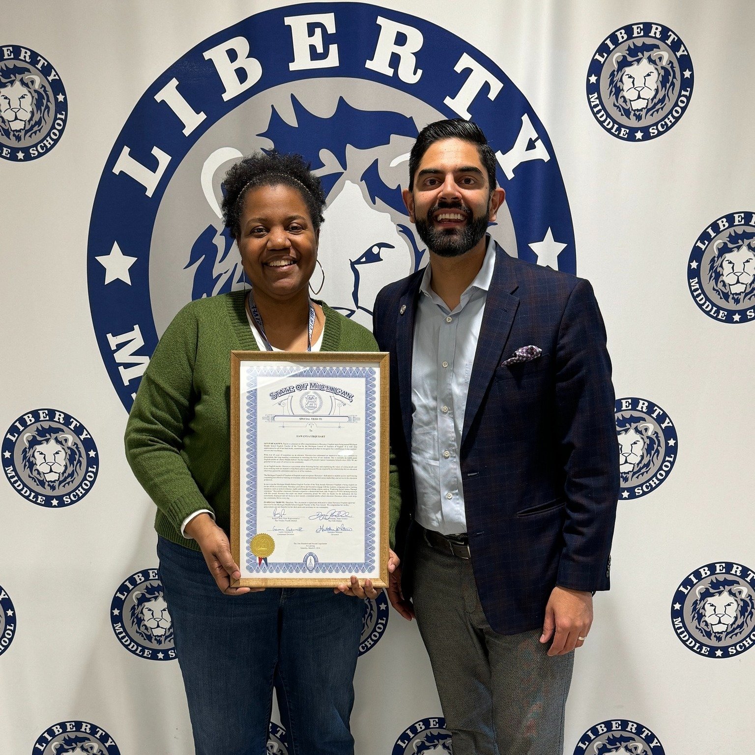 I recently had the honor of presenting a special tribute to Liberty Middle School teacher Hawanya Urquhart, who was named Michigan Middle School English Teacher of the Year for 2023 for her continued commitment to student success and excellence. 

Th