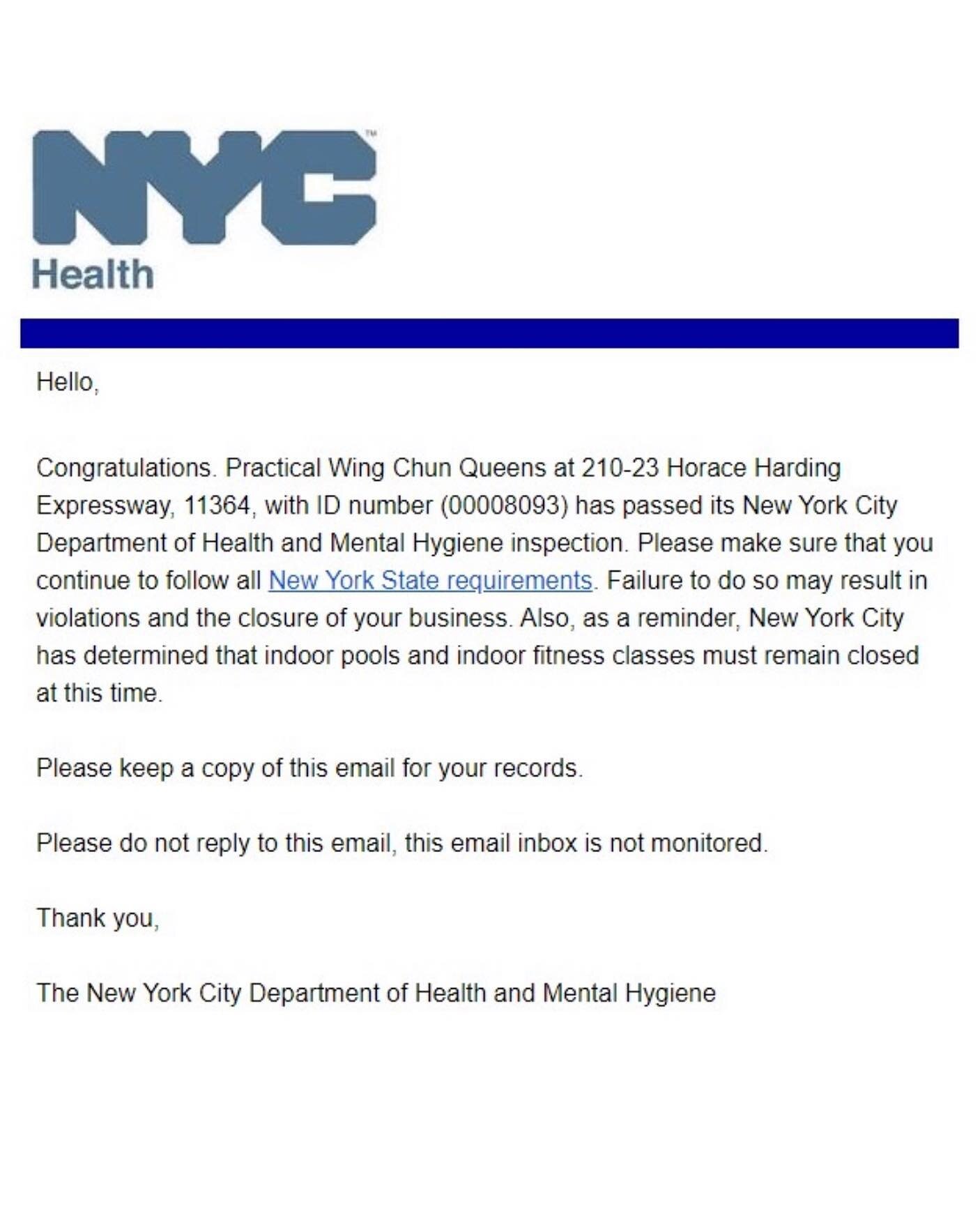 Fantastic news🎉🎉We passed our NYC Department of Health and Mental Hygiene inspection and are now officially open!
⠀⠀⠀⠀⠀⠀⠀⠀⠀
Please contact us by email or text if you're interested in training🤗
⠀⠀⠀⠀⠀⠀⠀⠀⠀
📧 info@practicalwingchunqueens.com
📱(718) 
