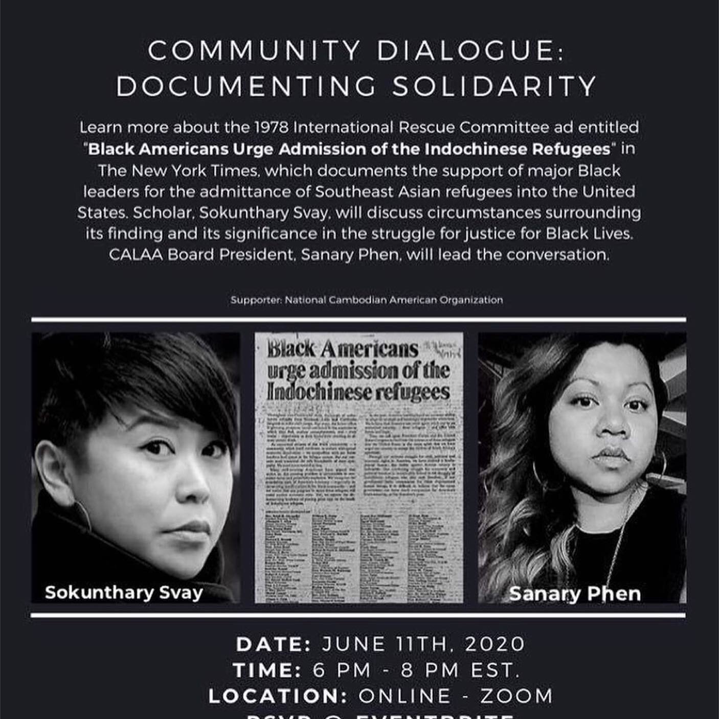 Repost from @theseadproject
&bull;
Join @calaalowell Board President, Sanary Phen (@_sanary_), in a virtual conversation with scholar, Sokunthary Svay (@svaysokun). They will discuss the 1978 International Rescue Committee ad entitled &quot;Black Ame