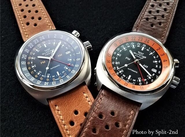 Rally Strap double vision 🏁👀👀🏁from our friends over at @glycinewatchcollectors and @mark__time
.
.
.
.
.
.
#glycine #glycineairman #gmtwatch #24hr #rallystrap #racingstrap #handmadestrap #leatherstraps #handmadeleatherstrap #watchstraps #whatsony